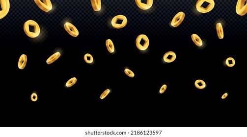 Asian traditional coins. Holed gold money falling from sky. Jewels and wealth. Financial literacy and currency exchange. Graphic poster or banner for website. Cartoon flat vector illustration