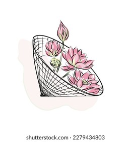 An Asian traditional conical Vietnamese or Chinese hat with lotus flowers. Vector hand drawn illustration