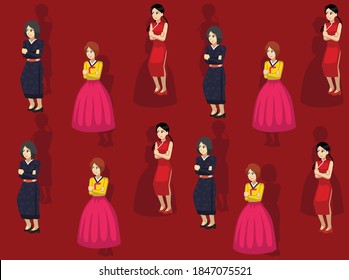 Asian Traditional Costume Manga Woman Cartoon Character Illustration Seamless Background Set 2