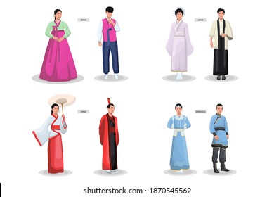 Asian traditional costumes set. Ancient female kimonos, male clothes, Japanese, Chinese, Vietnamese, Korean national outfit. Vector illustration for Asia, fashion, culture concept