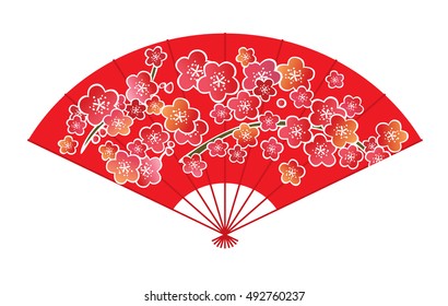 Asian traditional decorative red fan with flora motives