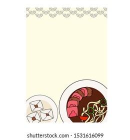 Asian traditional dishes banner. Hand drawn vector food on the plate. Top view  illustration. 
