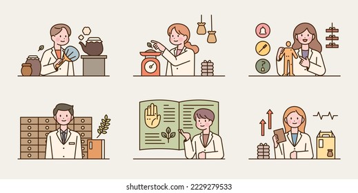 Asian traditional doctors. Doctors are preparing or explaining medicine. Upper body characters giving explanations. - Shutterstock ID 2229279533