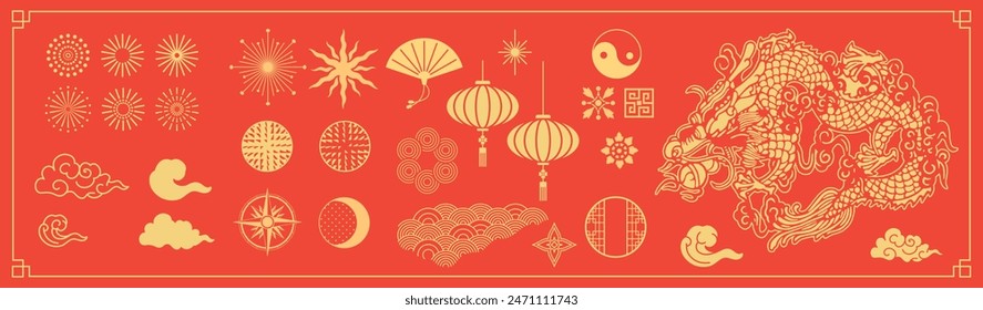 Asian traditional elements. Chinese festive deco. Dragon, cherry blossom flower, firework, hanging lantern, cloud, gold floral pattern, Yin Yang, ornament, moon. Asian oriental culture