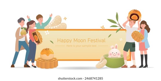 Festival tradicional asiático Festival de mediados de otoño, feliz celebración de la familia y amigos, cartel de pergamino de Ilustración vectorial, pastel de luna con pomelo y conejito