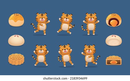 Asian traditional festival mid-autumn festival, set of tiger and moon cakes, mascot cartoon character, pastry dessert