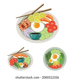 Asian traditional food collection with chopsticks. Salad vector design with lemon, tomato, cucumber, and onion. Sushi with soy sauce and shrimp.