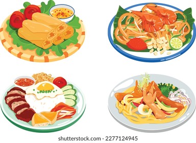Asian traditional food collection spring roll pad thai broken rice chicken feet svg
