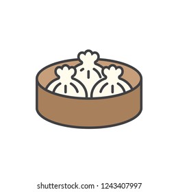 Asian traditional food, dim sum, Chinese dumplings colored line icon.