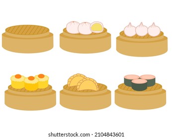 Asian traditional food.Set of dim sum or dimsum in steamer.Chinese new year.Sign, symbol, icon or logo isolated.Cartoon vector illustration.Flat design.Doodle or clipart.Menu for restaurant.