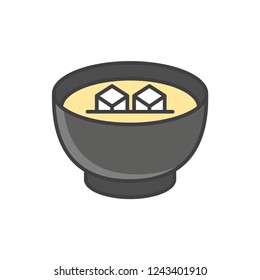 Asian traditional food, Japanese cuisine, miso soup bowl colored line icon.