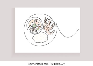 asian traditional food line drawing minimalist art menu presentation concept. famous chinese japanese korean food cuisine. Top view, copy space.