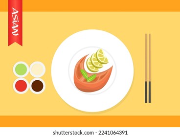 asian traditional food menu presentation concept. famous chinese japanese korean food cuisine. Top view, copy space.