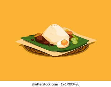 Asian traditional food rice with side dish served on banana leaf and rattan plate illustration realistic vector