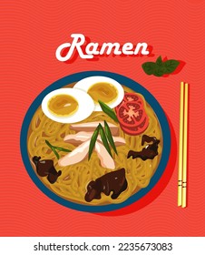 Asian traditional Japanese food cuisine. Ramen noodle soup, vector illustration. Clip art, menu, poster, print, banner
