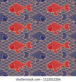 Asian traditional ornament. Ctafish and waves. Dark blue and gold colors. Seamless pattern. Nautical oriental background. Vector illustration