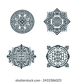 Asian traditional ornament icons set. Design elements isolated on white. Hand drawn vintage vector illustration for invitations, greeting cards, print and tattoo.