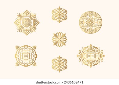 Asian traditional ornament icons set. Golden design elements isolated on white. Hand drawn vintage  vector illustration for invitations, greeting cards, print and web design