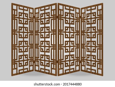 Asian traditional ornament wooden frame pattern. Room divider antique decoration art vector illustration. Natural color wood. Front view surface timber.