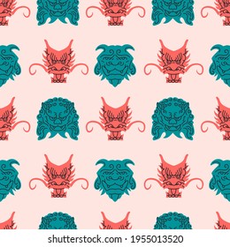 Asian traditional sculpture seamless pattern vector illustration. Oriental historical creatures texture design. Dragon and guardian god faces background. 