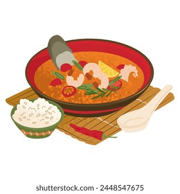 Asian traditional spicy seafood soup tom yum. Bright sour taste of lemongrass. A portion of rice. A hearty dish with shrimp and spices. Vector illustration isolated on transparent background.