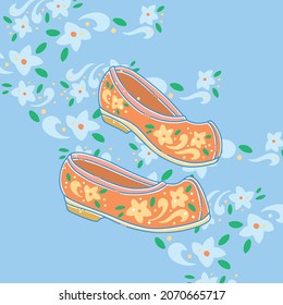 Asian traditional women's shoes, vector illustration, placed on blue flower pattern background