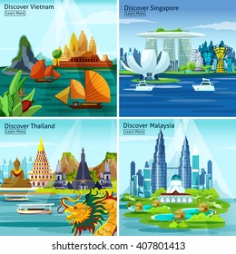 Asian travel 2x2 design concept with vietnam thailand singapore and malaysia colorful landscape compositions flat vector illustration