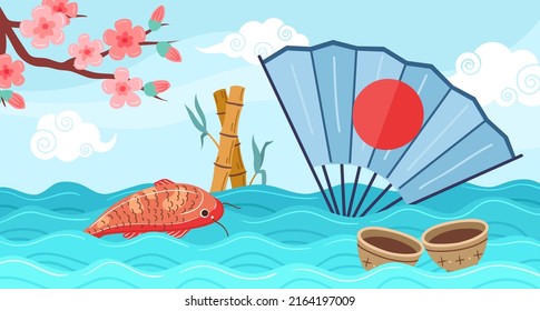 Asian travel background, japanese abstract landscape. Koi fish, sakura branch and fan with red sun in ocean or sea waves, vector oriental symbols illustration