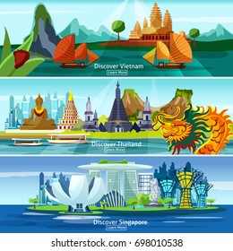 Asian travel banners set with Vietnam, Thailand and Singapore panorama isolated vector illustration