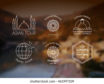 Asian travel logo templates set. Vector ethnic ornamental design for travel agencies, tourist offices, local guides, booking and rental services.