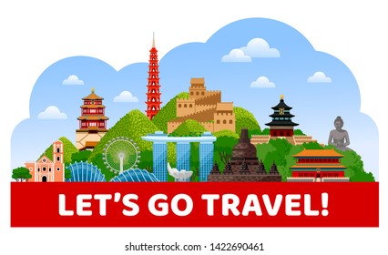 Asian travel poster, postcard, banner, print. Top world famous landmarks of Asia. Vector cartoon illustration.