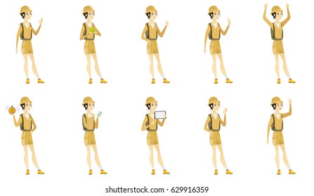 Asian traveler holding mobile phone and pointing at it. Full length of traveler with mobile phone. Traveler using mobile phone. Set of vector flat design illustrations isolated on white background.