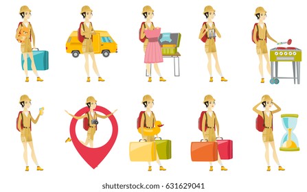 Asian traveler woman putting dress into a suitcase. Traveler packing clothes in an opened suitcase. Woman preparing for vacation. Set of vector flat design illustrations isolated on white background.