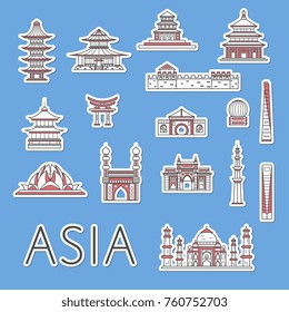 Asian traveling labels with famous architectural attractions in linear style. Torii Gate, Great Wall, Taj Mahal, pagoda symbols isolated on blue background. Touristic advertising, worldwide tourism