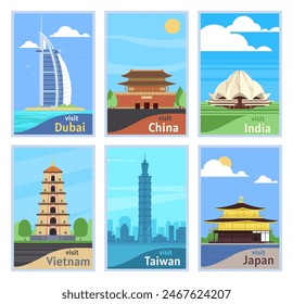 Asian traveling landmarks cards. Tourist destinations. Modern and ancient architectural objects. City skyscrapers. Historical pagodas. Temples and palaces. Vector tourism