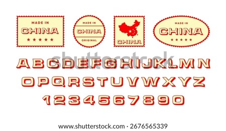Asian typeface. Chinese font for retro badge stamps and made in China label designs. Stylized letters and numbers, decorative oriental alphabet vector set.