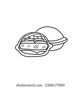 Asian UFO burgers. Korean cheese fast food. Street sandwich with fresh ingridients. Vector illustration in outline style