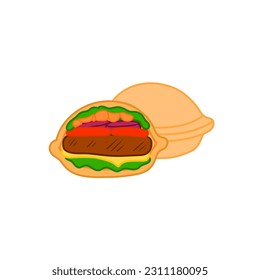 Asian UFO burgers. Korean cheese fast food. Street sandwich with fresh ingridients. Vector illustration in flat cartoon style