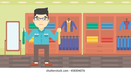 An asian upset man holding two neckties and trying to choose the best one. Customer choosing necktie at clothing store. Vector flat design illustration. Horizontal layout.