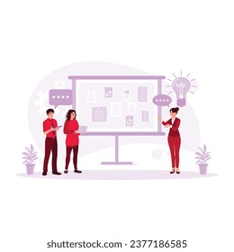 Asian UX developer and UI designer presenting mobile app interface design on a modern office whiteboard. Presentation concept. trend modern vector flat illustration 