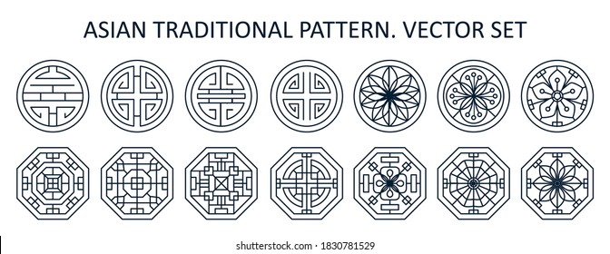 Patrón asiático tradicional geométrico. Conjunto vectorial de diseño de portada , afiche, tarjeta, plantilla.