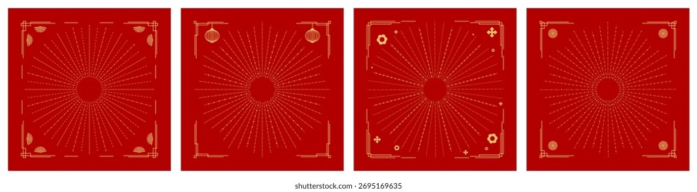 Asian vector backgrounds set. Golden radial ornament on red.