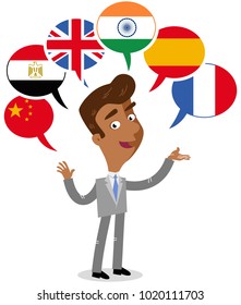 Asian vector cartoon man, six speech balloons with flags, speaking languages Chinese, Arabic, English, Hindi, Spanish, French