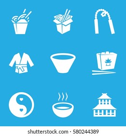 asian vector icons. Set of 9 asian filled icons such as temple, chinese fast food, noodles fast food, soup, yin yang, bowl, kimono