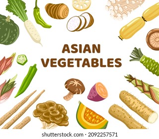 Asian vegetables banner. Exotic japanese, chinese, korean ingredients for food. Mushrooms, roots, bamboo shoots, sweet potato and other. Oriental cuisine. Vector hand drawn flat illustration.