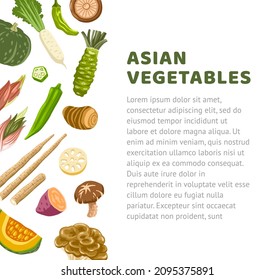 Asian vegetables banner. Exotic japanese, chinese, korean ingredients for food. Mushrooms, roots, bamboo shoots, sweet potato and other. Oriental cuisine. Vector hand drawn flat illustration.