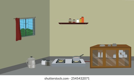 Asian village kitchen interior design with stove and a kitchenware cupboard.