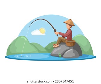 Asian Village Man Sitting On A Rock While Fishing in The Lake Cartoon illustration Vector