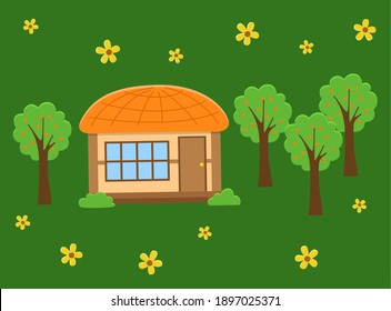 Asian village old house vector art illustration. Rural building, natural landscape with grass and flowers, green trees. Thatched-roof rural small house. Traditional consrtuction with reed roof