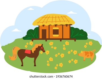 Asian village old house vector art. Thatched-roof rural hut, horse and pig country animals in meadow